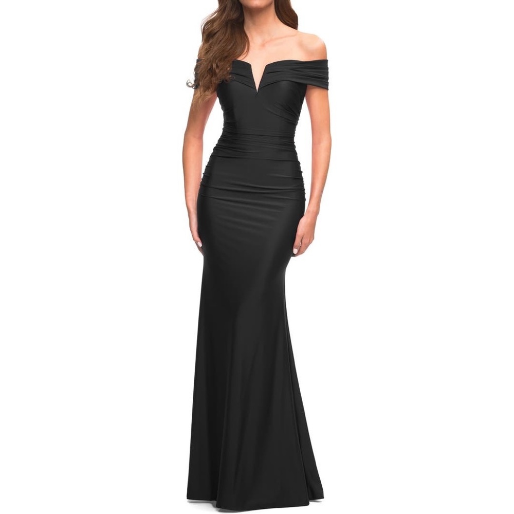 La Femme Off the Shoulder Ruched Jersey Trumpet Gown